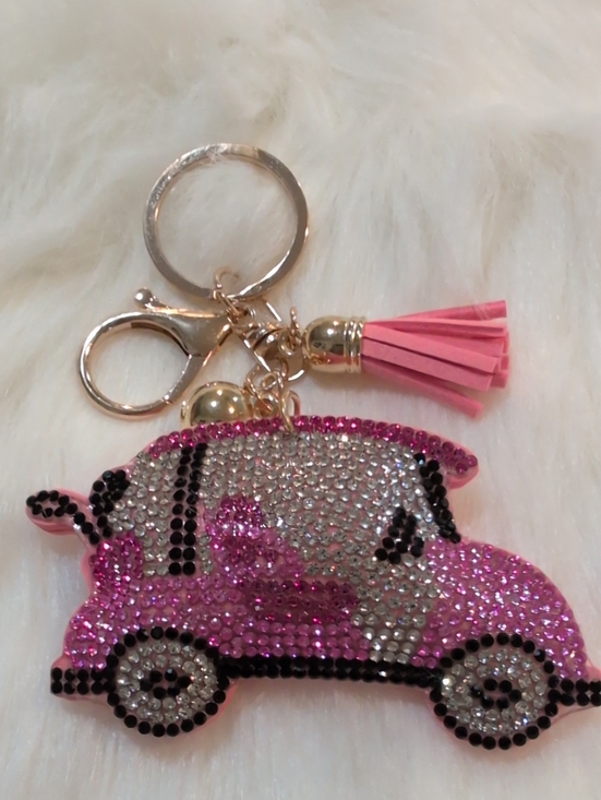 None Accessories - Pink Rhinestone Car Keychain Bag Charm with Tassel